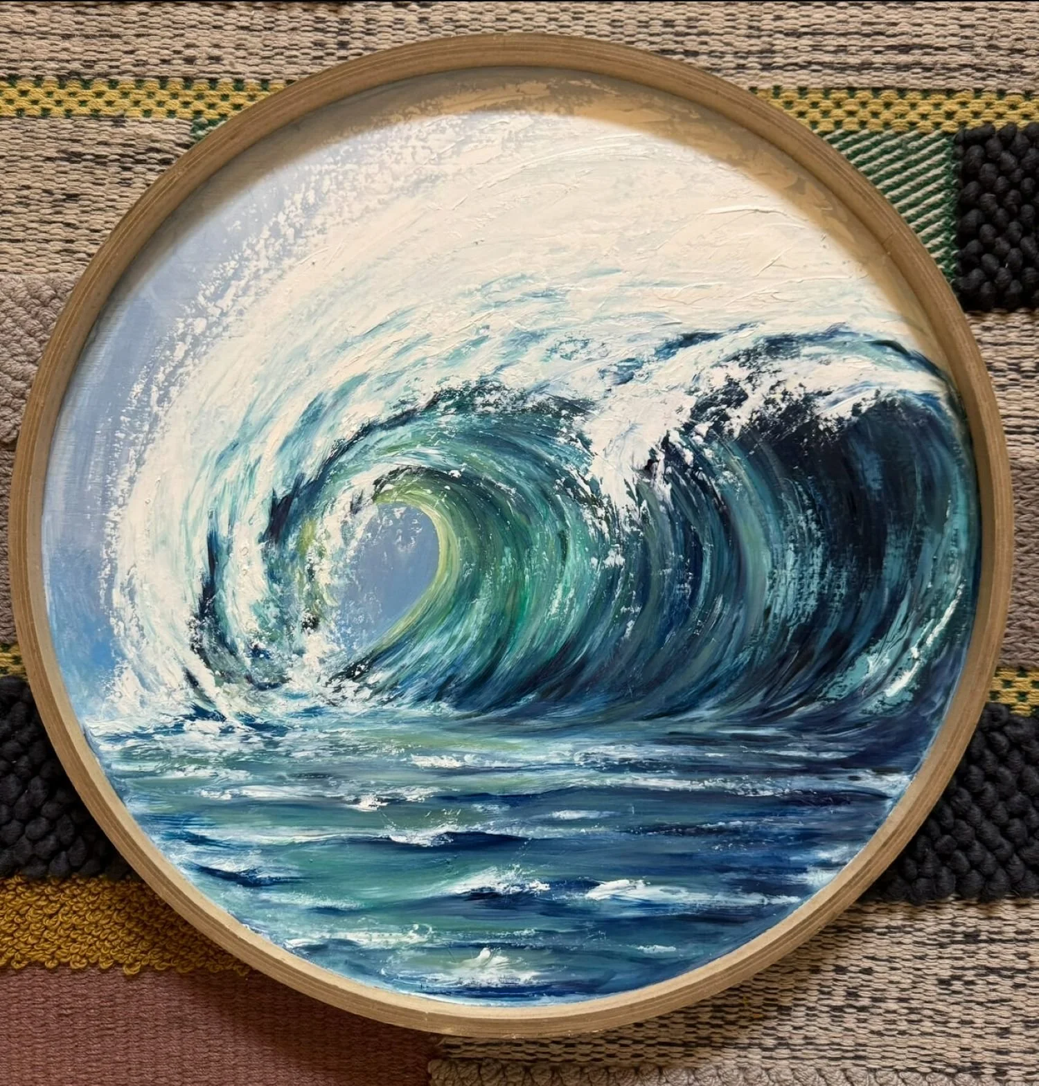 Beca Allsop "Waveform"
Oil
23 1/2 x 23 1/2"
$800
Artwork Description
At 23.6 inches in diameter, “Waveform” was created on a round wood panel that sparked the idea of a wave in motion. Layers of brushwork and palette knife strokes give it the rich t