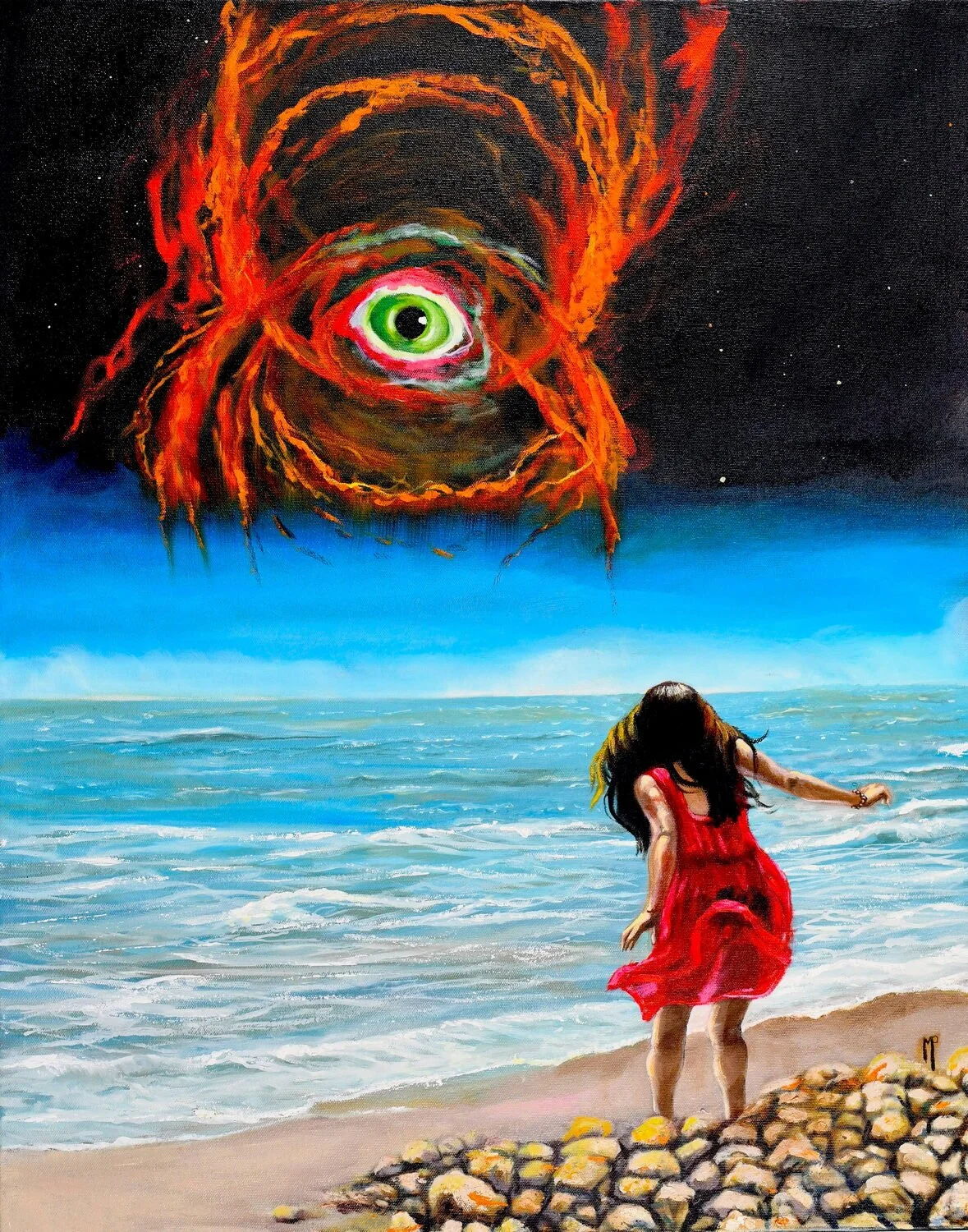 Matthew Szostek • "Eye Of the Storm" • Oil • 30 x 24 • Oil on canvas called "Eye of the Storm" The Eye Nebula appearing before a person on the beach bringing forth the mystery of the ocean and space. • $700 • artbymp@yahoo.com
