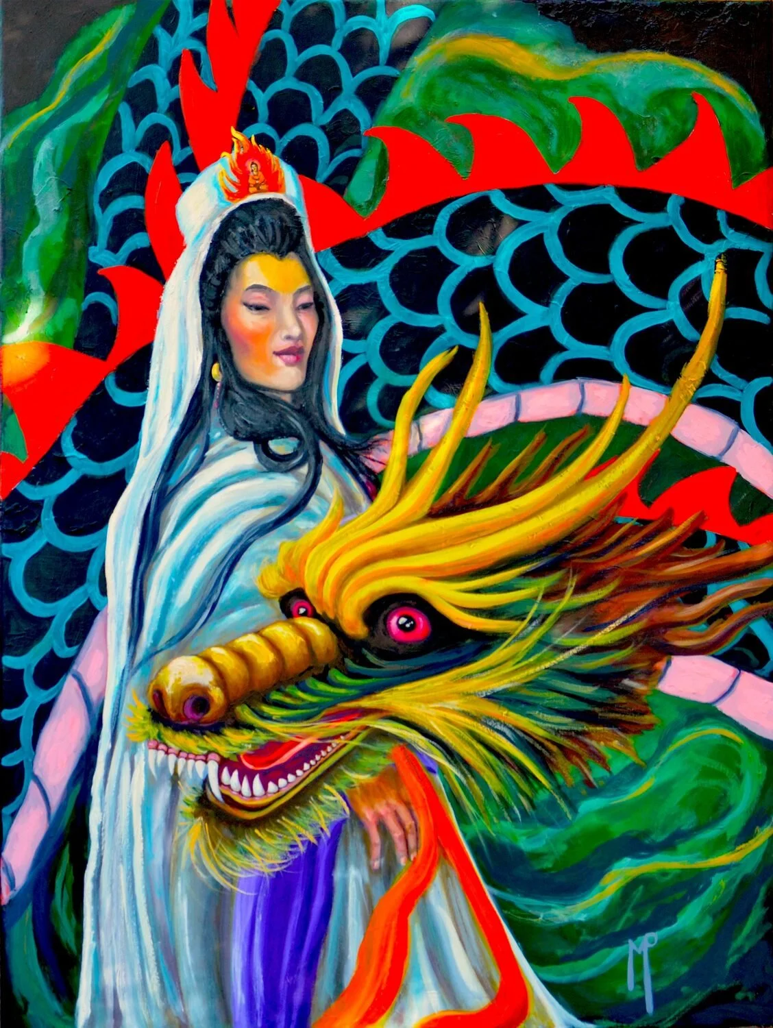 Matthew Szostek • "Quan Yi and her Dragon" • Oil • 40 x 30 • $900 • Oil on Canvas. It started out as a portrait painting but the person was trying to scam me so I changed it into a Qaun Yi and added a Dragon. • artbymp@yahoo.com