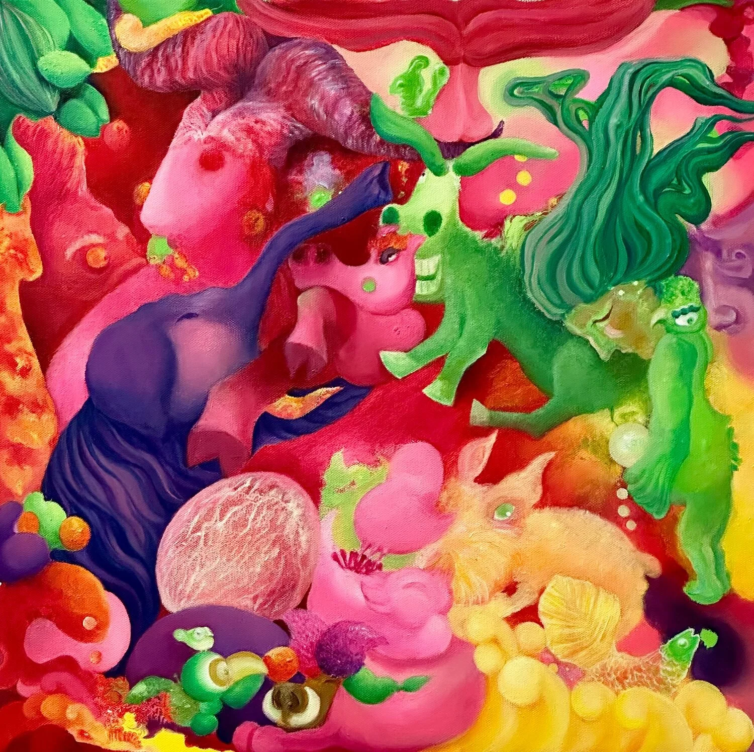 Lin Cheng • Untitled • Oil • 60 x 60 • $2,700 • There are 17 animals with unusual appearances in the artwork; can you spot them?

