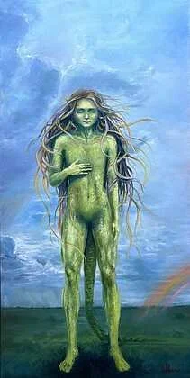 Olivia L. Shelton • "Lizard Girl Internal Peace #9" • Oil • 30 x 15 • $800 • My Lizard girl has always helped me represent strong feelings that I have. This particular time my son was going through a very difficult change in his life and his inner pe