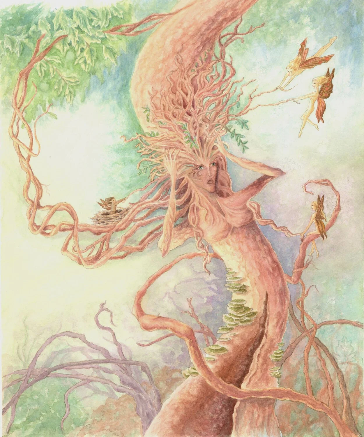 Barbara Gross • "Bad Hair Day" • Watercolor
• 16.5 x 13.75 • $300 • I came across a very tangled tree which looked like a bad hair day. The sprites became symbolic of how myself and my siblings terrorized each other. • reenmaid1@verizon.net