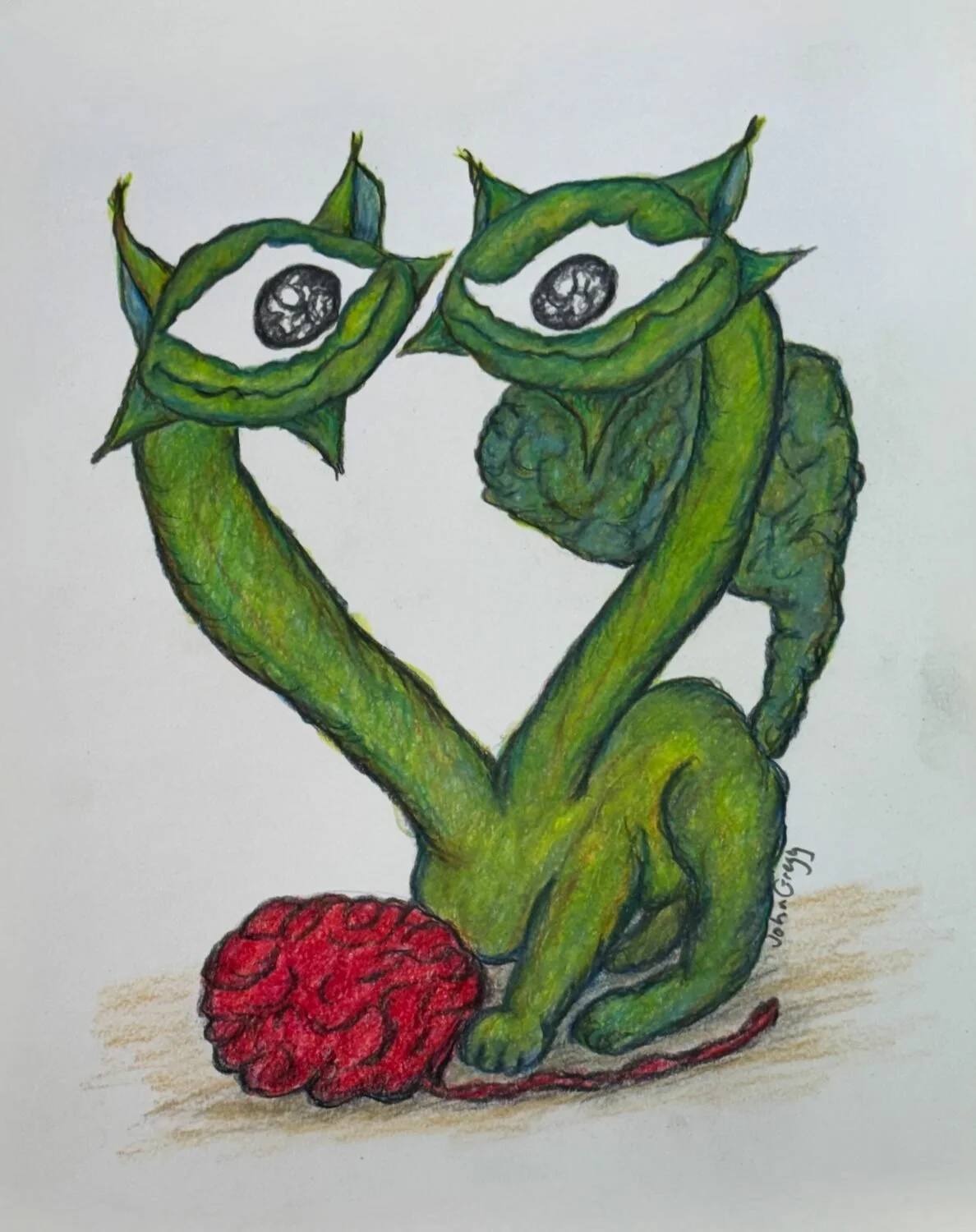 John Gregg • "Green Two Headed Cycat with a Red Ball of String" • Drawing • 8 x 6 • $250 •  "Green Two Headed Cycat with a Red Ball of String" is a colored pencil drawing of a colorful, quirky, fun loving, two headed, cat like monster, having fun wit