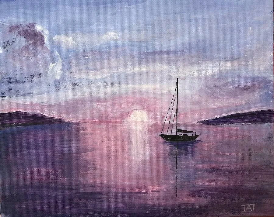 Terri Ann Thompson • "Purple Sunset" • Acrylic • 8 x 10 • NFS • If the world was purple, this might be what it would look like to sail into the sunset. I used acrylic paints to make this picture on an 8" x 10" canvas panel. • tat5@columbia.edu