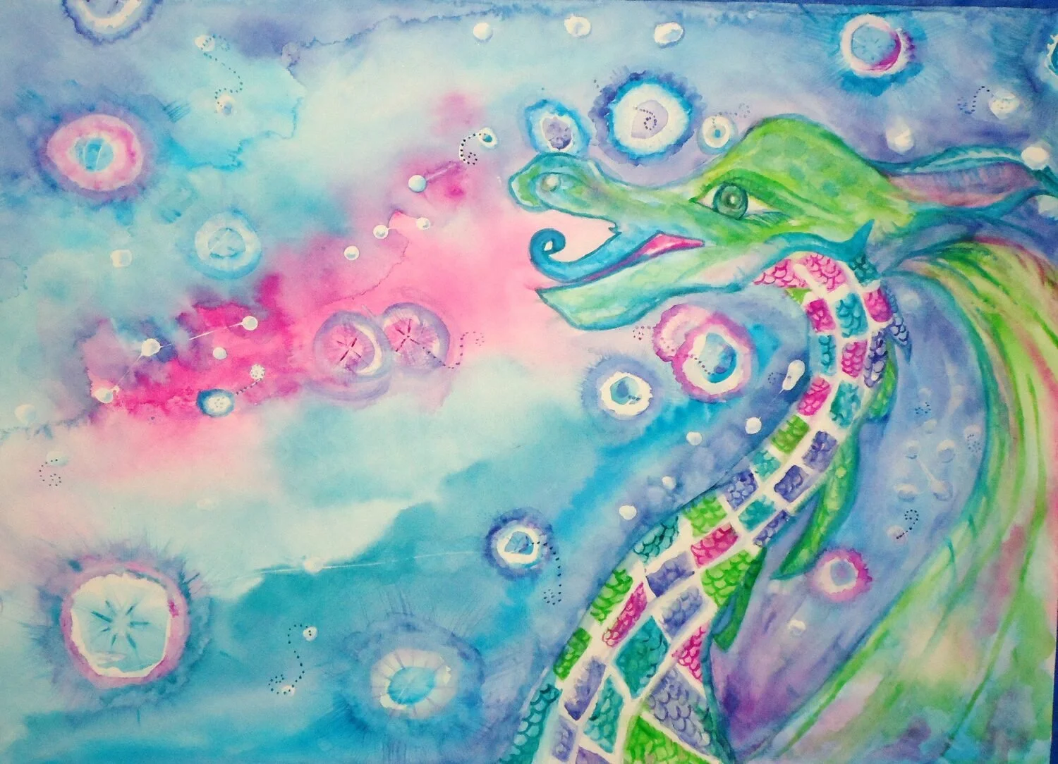 "Bubbled Dragon" by Gretch Brummer
12x14 Watercolor
The original is NFS, but prints are available for $20
EMAIL:  dadragonlady@gmail.com