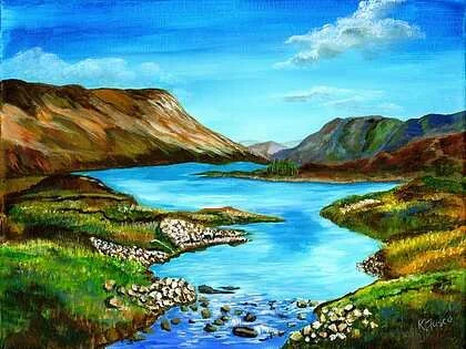 Karen Fusco • "Wandering by the River's Edge" • Acrylic • 12 x 16 • $400 • Where oh where will that river bring you? What's behind the mountains?