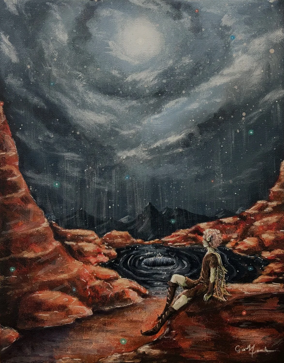 Gabby Marushok • "Sacred Pool" • Acrylic •
14 x 11 • $285 • The “Sacred Pool“ is based on the spirit of the desert and those who traverse it. Through the use of acrylics, I imagined a fairy’s journey to a sacred pool in the middle of the desert. The 