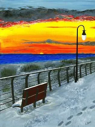 Karen Fusco "Along the Boardwalk"
Acrylic
24 x 18
$400
Artwork Description
A vibrant sunset with hues of orange and yellow illuminates a snowy seaside pathway. A lonely bench covered in snow sits next to a railing overlooking the ocean, accompanied b