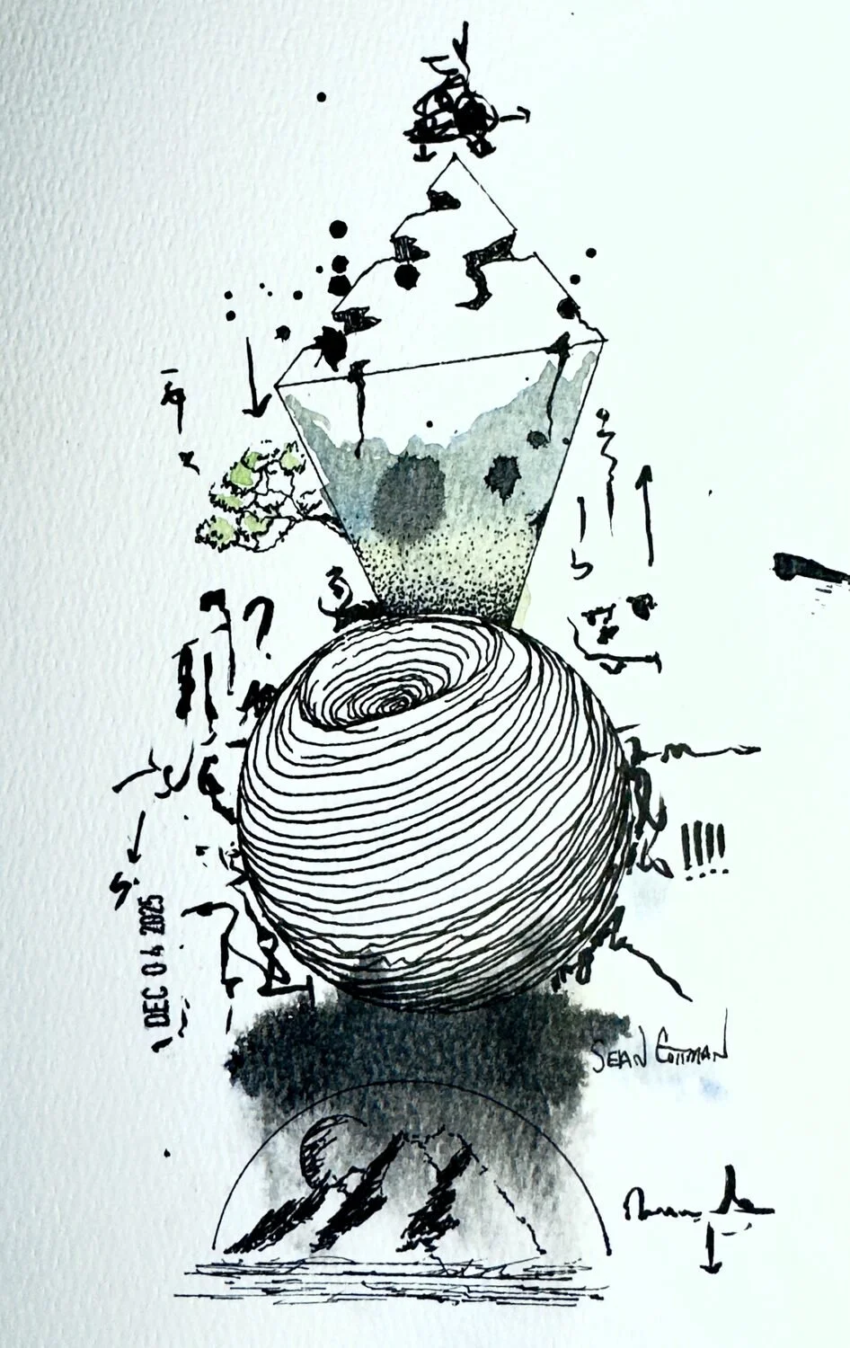 "In The Beginning" by Sean Cottman 
9 x 6 Mixed Media 
$250 

"In the Beginning” was created with ink and watercolor on paper, built slowly and intuitively rather than planned. I began with loose ink marks, allowing lines and shapes to find their own