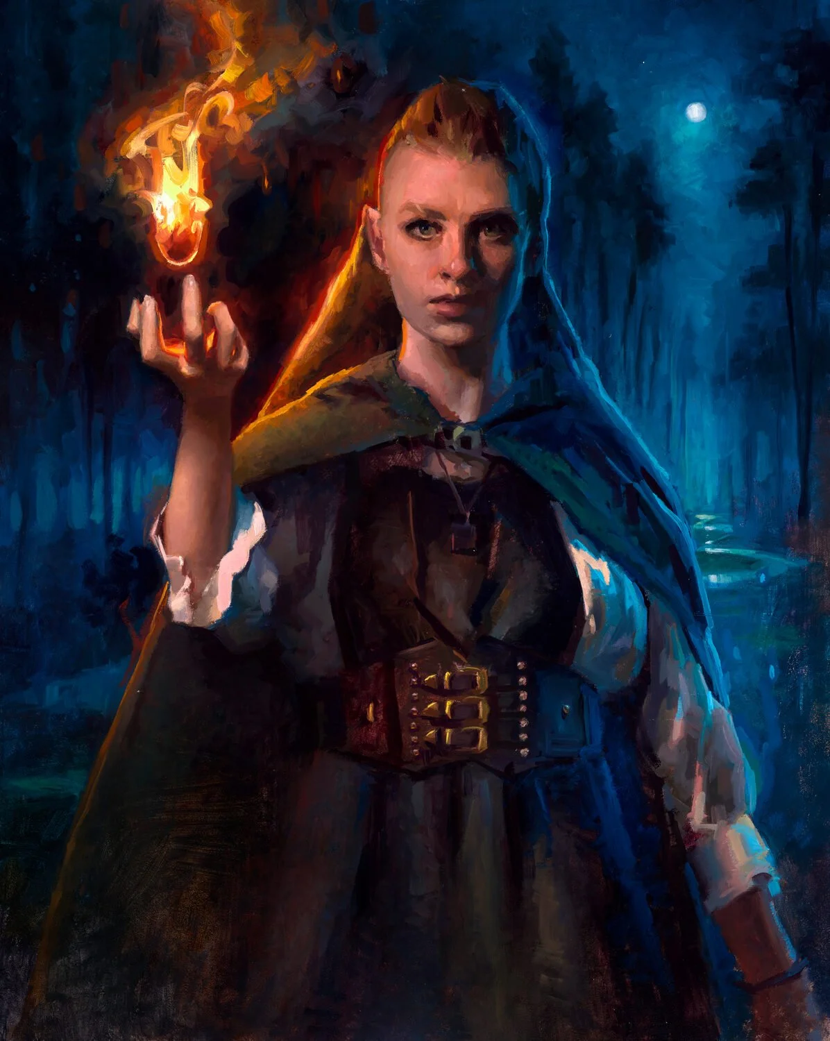 Kai Lun Qu • "Fire Mage" • Oil • 20 x 16 • $2,000 • This piece was inspired by the illustrations of Magic the Gathering. A fire mage walking along a mystical forest during the twilight hours, with only her flames and the moon guiding her path • kailu