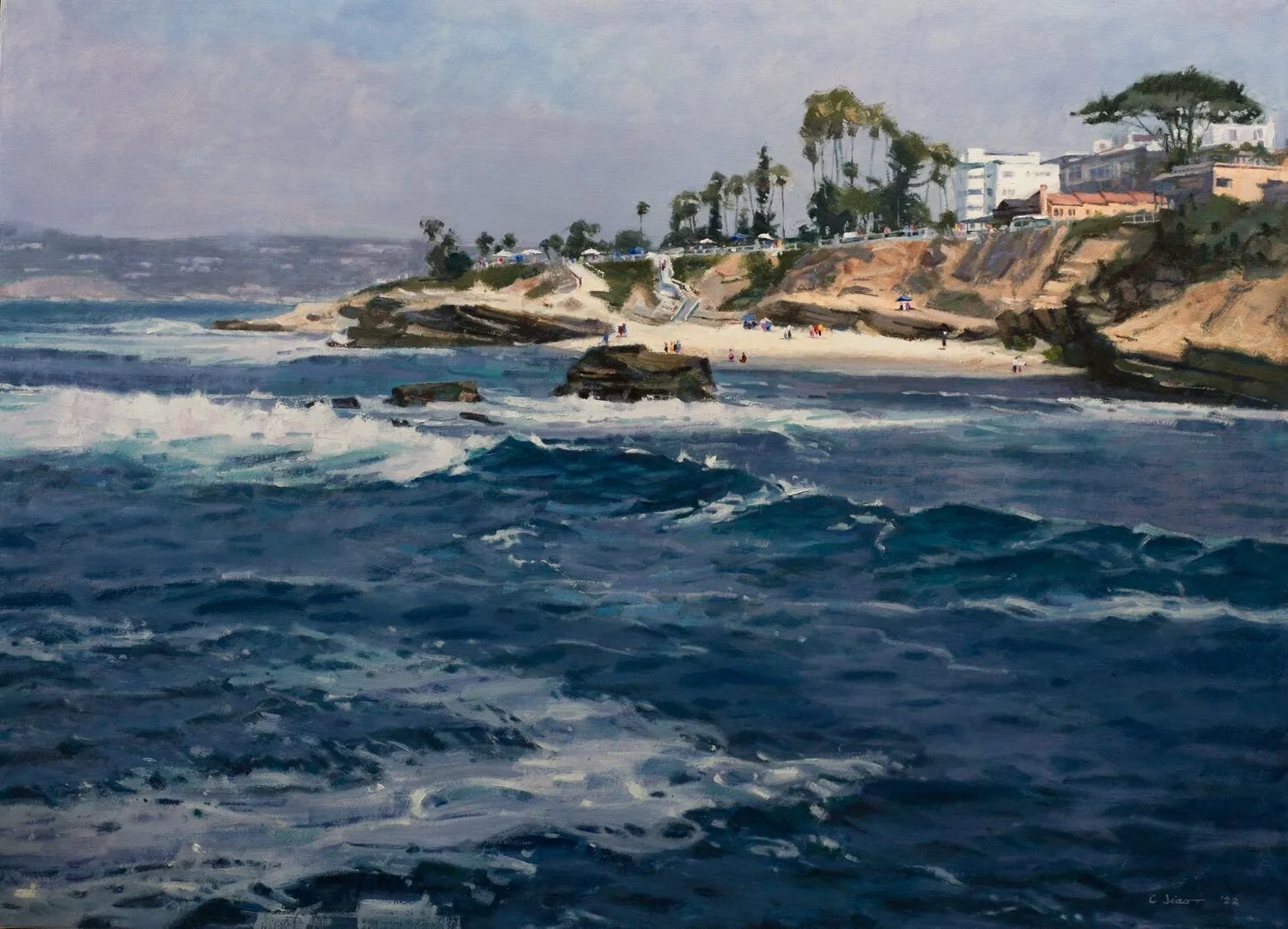 Charles Jiao "Rhythm of the Coast"
Oil
29x40
$3900
Artwork Description
This painting presents a tranquil view of La Jolla Cove, balancing the immense scale of the ocean with the intimate details of the shoreline. The waves, rendered in shades of tur