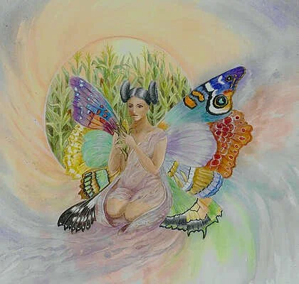 Barbara Gross • "Butterfly Maiden" • Watercolor • 12 x 15 • $300 • Watercolor and colored pencil.
The Butterfly Maiden is a Hopi deity. Butterflies as pollinators are essential for our crops. • greenmaid1@verizon.net