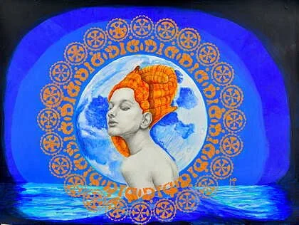 *2ND PLACE, 2D* Matthew Szostek • "Moon Mermaid" • Mixed Media • 18 x 24 • $600
 • Black framed with orange trim in glass. This is a Mermaid with a conch shell hat coming up to see the moon. This is a graphite, acrylic and watercolor painting. • artb