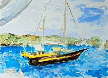 Marcia Nebera
"Anse Columbier St. Barth"
Watercolor
9"x12"
$475
My two sons, Charlie, John and I were sailing and had anchored to have some lunch in Columbier Bay St. Barth. I painted onboard. The Rockefeller House is perched on the hill. I thought t