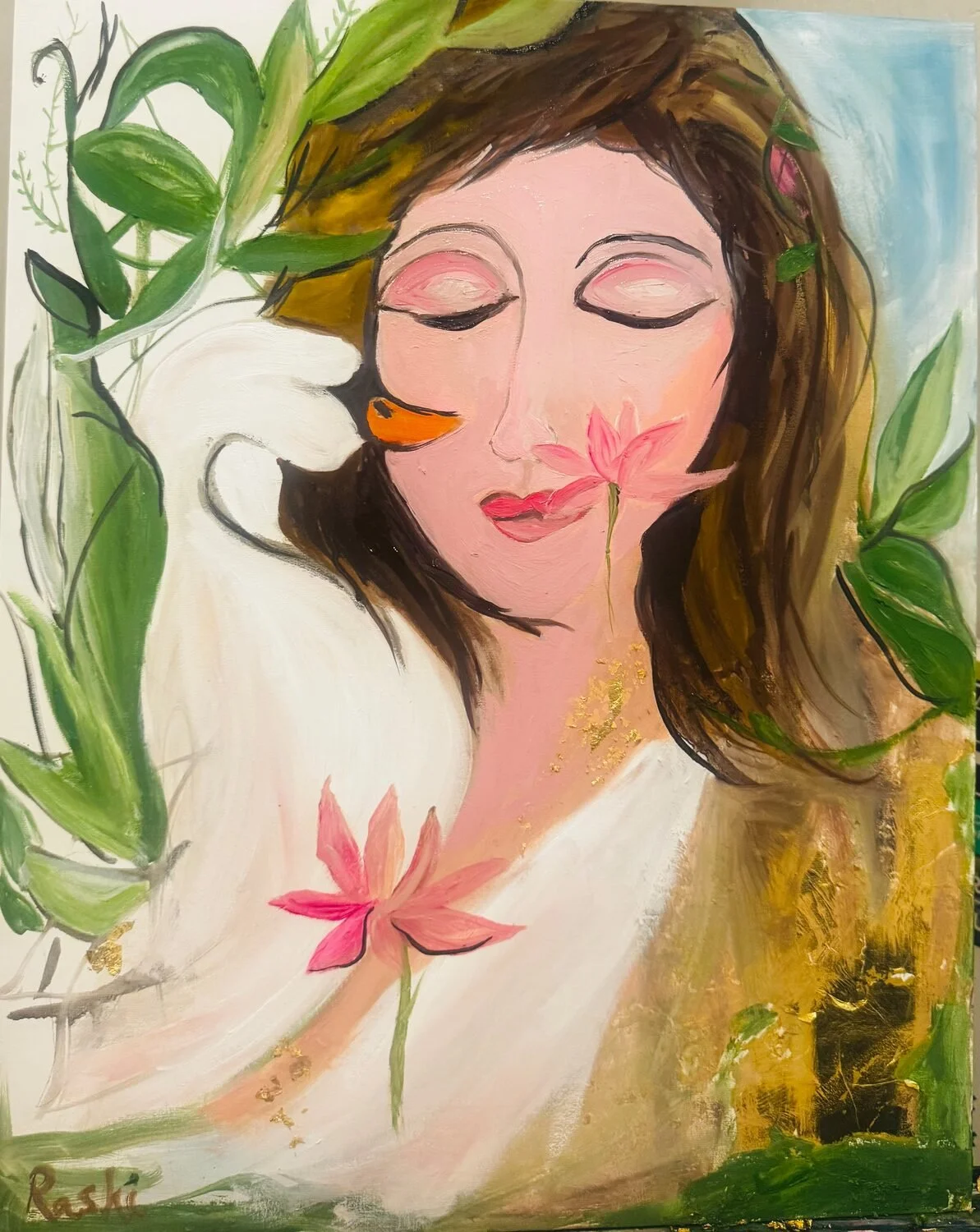 Rashi Jain • "Stillness of the Soul" • Oil •
16 x 20 • $500 • She stands in quiet harmony with the world around her -soaking in the beauty of rustling leaves, blooming flowers, and endless skies. In this peaceful stillness, she is free, grounded, and