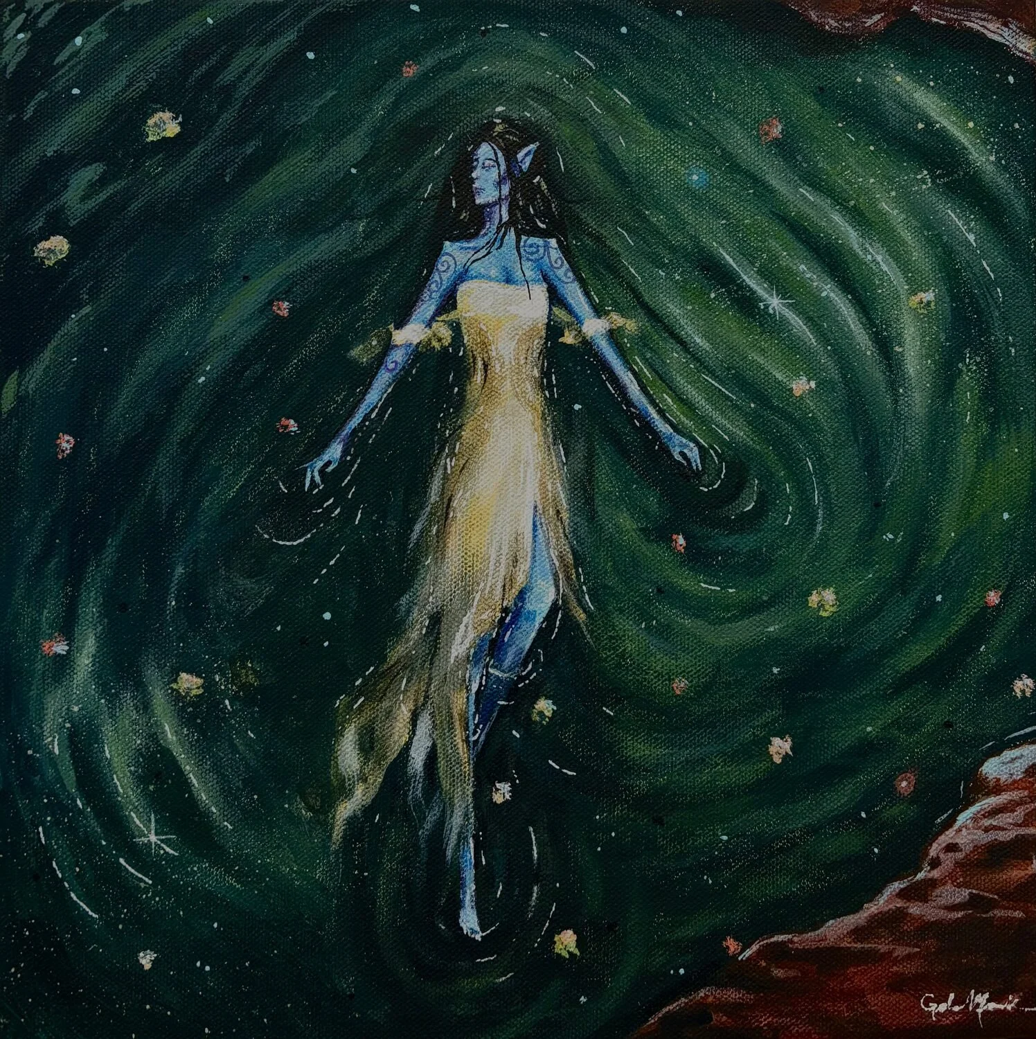Gabby Marushok • "Night Elf’s Rest" • Acrylic • 12 x 12 • $240 • “Night Elf’s Rest” takes inspiration from desert scenery, and places an otherwise forest dwelling creature within the arid environment of a rare desert oasis. Using acrylics I painted a