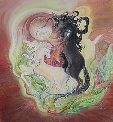 *HONORABLE MENTION, 2D* Barbara Gross • "Balance of the Unicorns" • Watercolor • 15 x 15 • $300 • Watercolor, colored pencil and oil pastels.
The balance between light and dark, good and evil. • greenmaid1@verizon.net