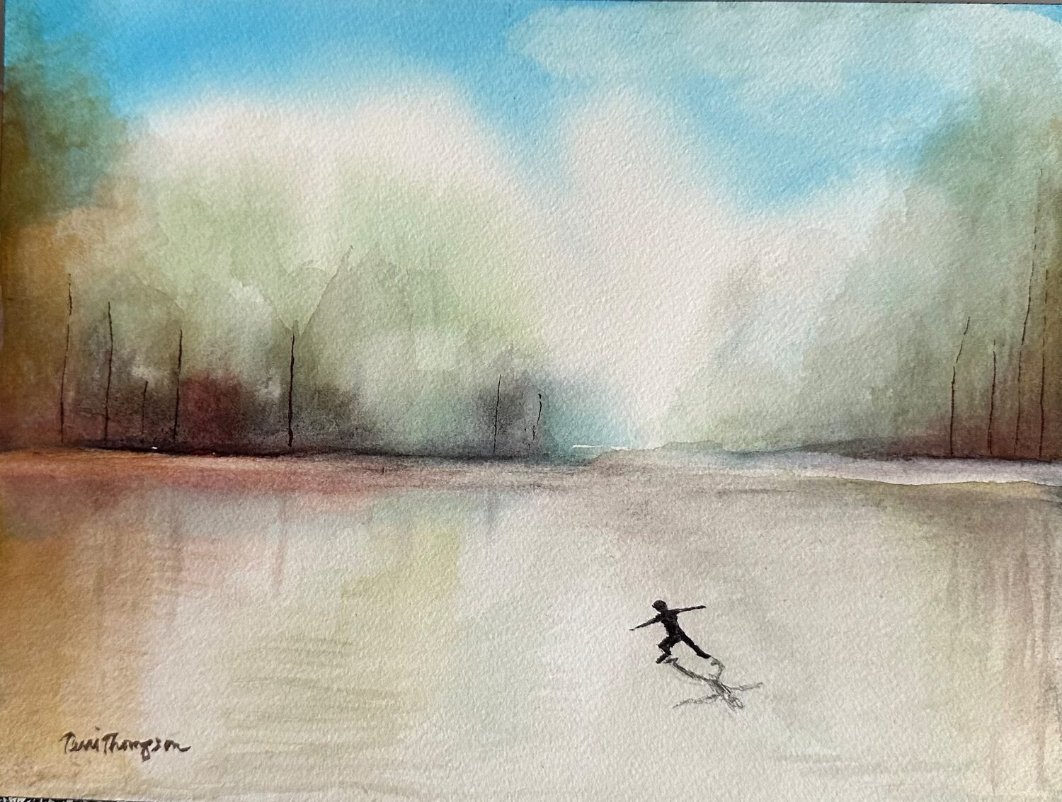Terri Ann Thompson • "On Thin Ice" • Watercolor • 8 x 10 • NFS • I imagined what it would be like to ice skate on a frozen lake when I painted this 8" x 10" watercolor on Arches watercolor paper using a dreamy pallete of ultramarine blue, yellow ochr