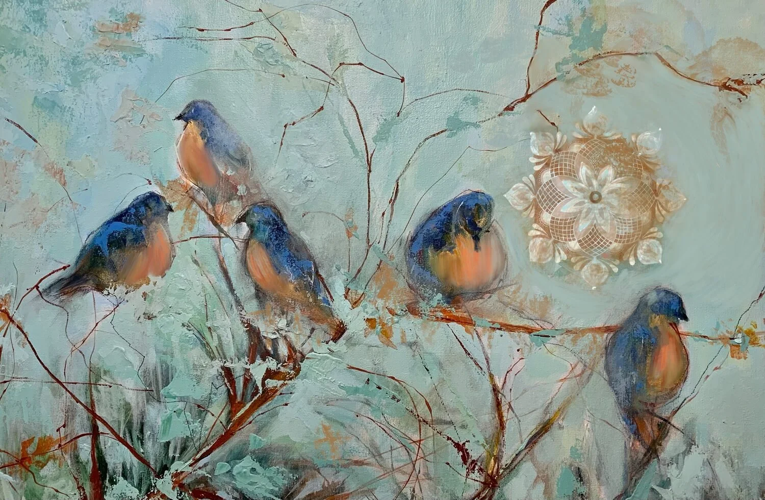 "Birds On A Branch With Mandala" This is a collaborative work of art by Mandala Artist Arlene Guerrero and Multi-Media artist Judy Pfeifer.
11 x 14 Digital
$500
EMAIL:  jpfeifer4art@gmail.com