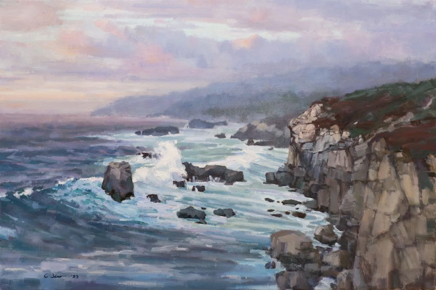 Charles Jiao "Pacific's Edge"
Oil
24x36
$2900
Artwork Description
This painting captures a dramatic moment along the coastline, where the rugged cliffs meet the powerful Pacific Ocean. The composition contrasts the turbulent, deep blue waves with the