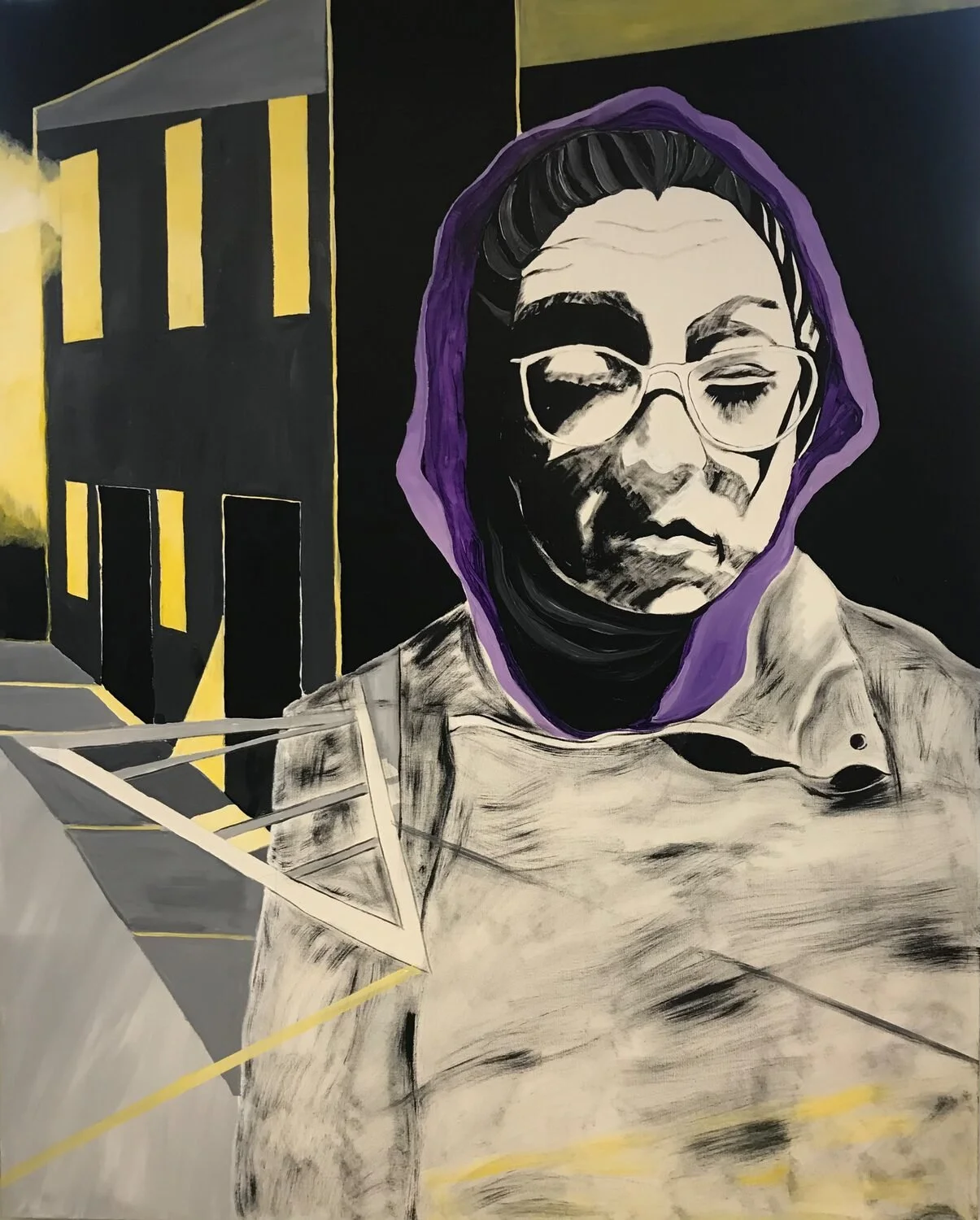 "Despair" by Barbara Weisenburg
60 x 48 Acrylic
$2,800

I wanted to experiment with portraying the isolation and despair that so many of us are experiencing. “Despair’s” narrative begins with an CoVid and continues today on many different levels