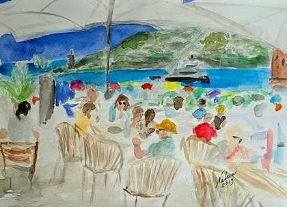 Marcia Nebera 
"Le Boucanier Mandelleu-la-Napoule, France" 
Watercolor
9"x12"
$475
Artwork Description
Restaurant Le Boucanier was my go to spot while staying at Princess Daisey's Pink Villa and painting at the Henry Clews La Napoule Foundation. I wo
