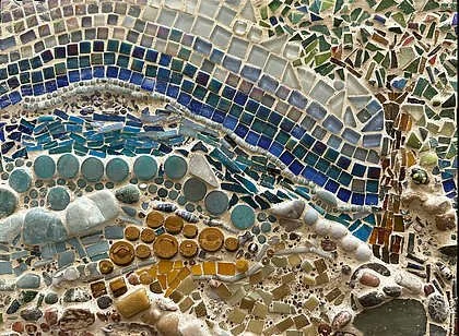 1ST PLACE, 3D ART Shari Askow "Tumultuous Shoreline"
Mixed Media
11 x 14
$1,100
Artwork Description
Hand-cut glass tile, sea glass, ceramic, gemstones, shell, iridescent and matte finishes, sculpted mixed media.
Tumultuous Shoreline is a one-of-a-kin