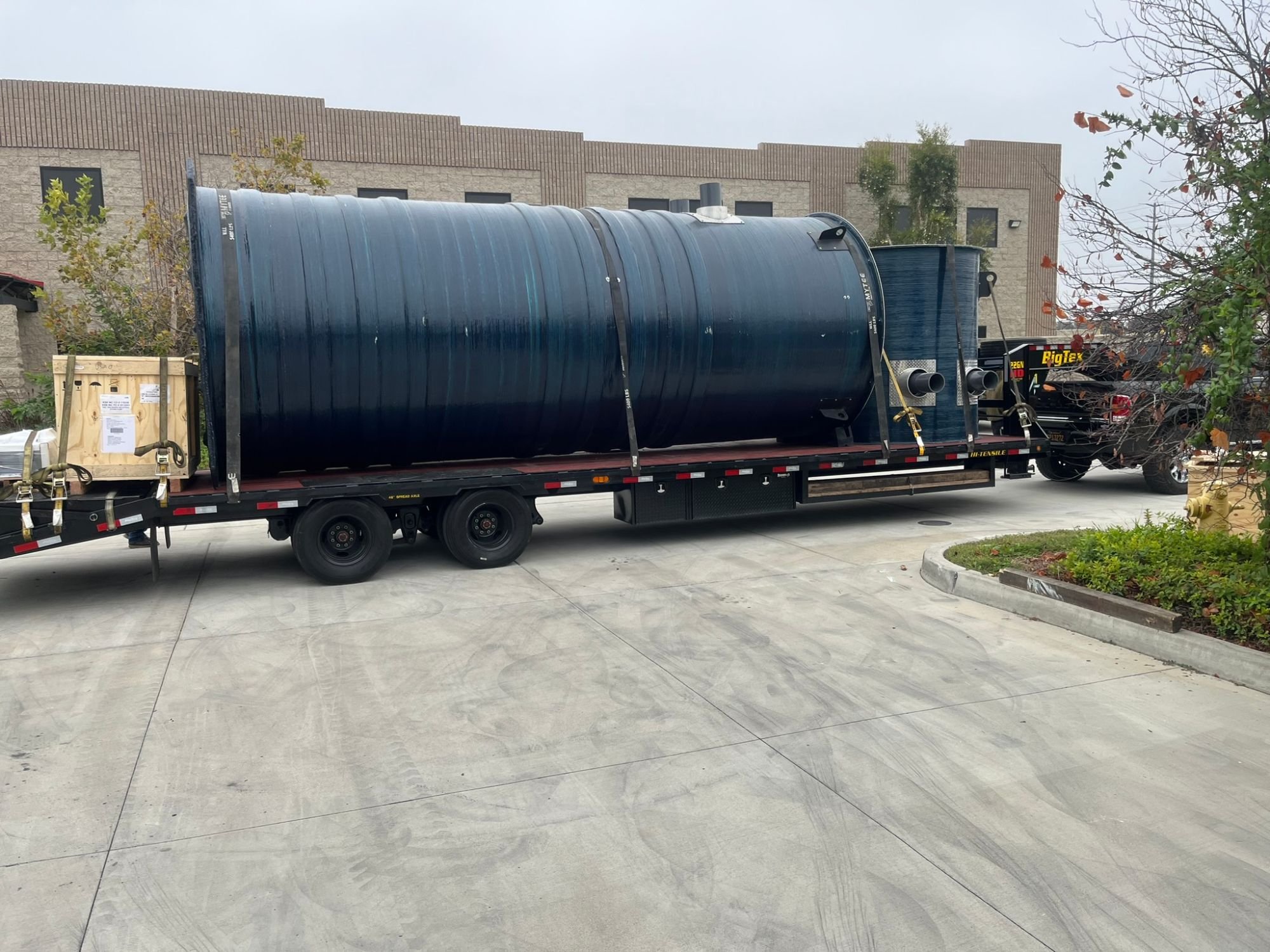 Fiberglass pump station tank loaded for delivery