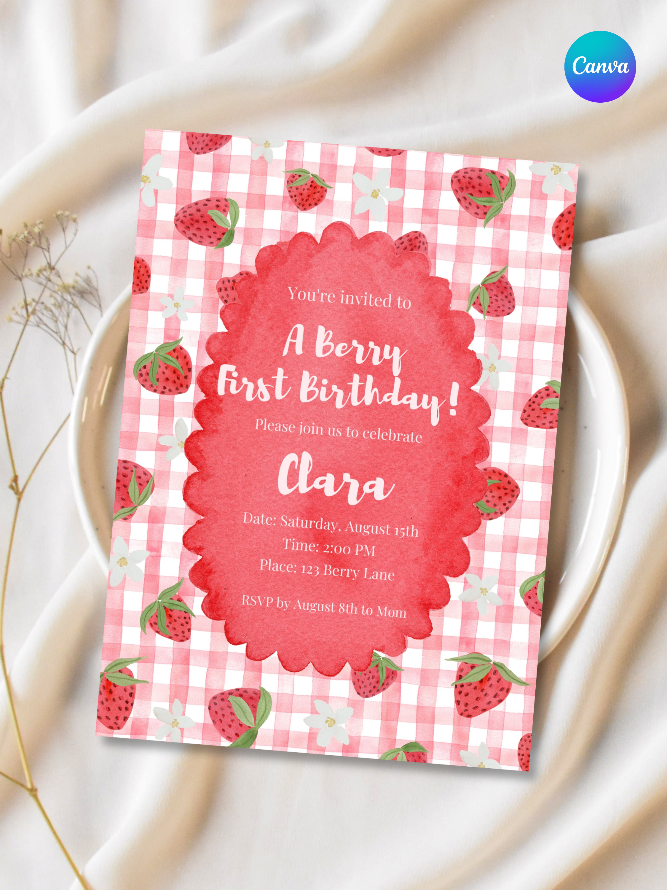 Berry Sweet First Birthday Invitation | Scattered Strawberries on Pink Plaid