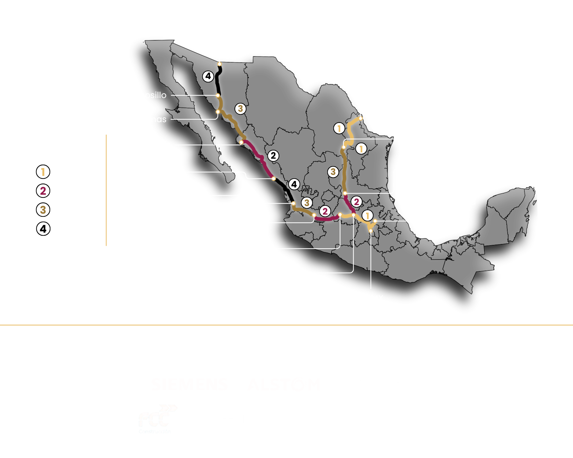 Map of Mexico showing the four phases of the federal passenger rail program by corridor