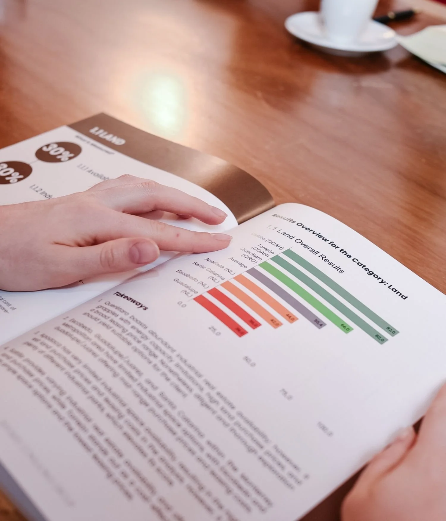 Consultant reviewing a market strategy report with site location analysis data in Mexico.