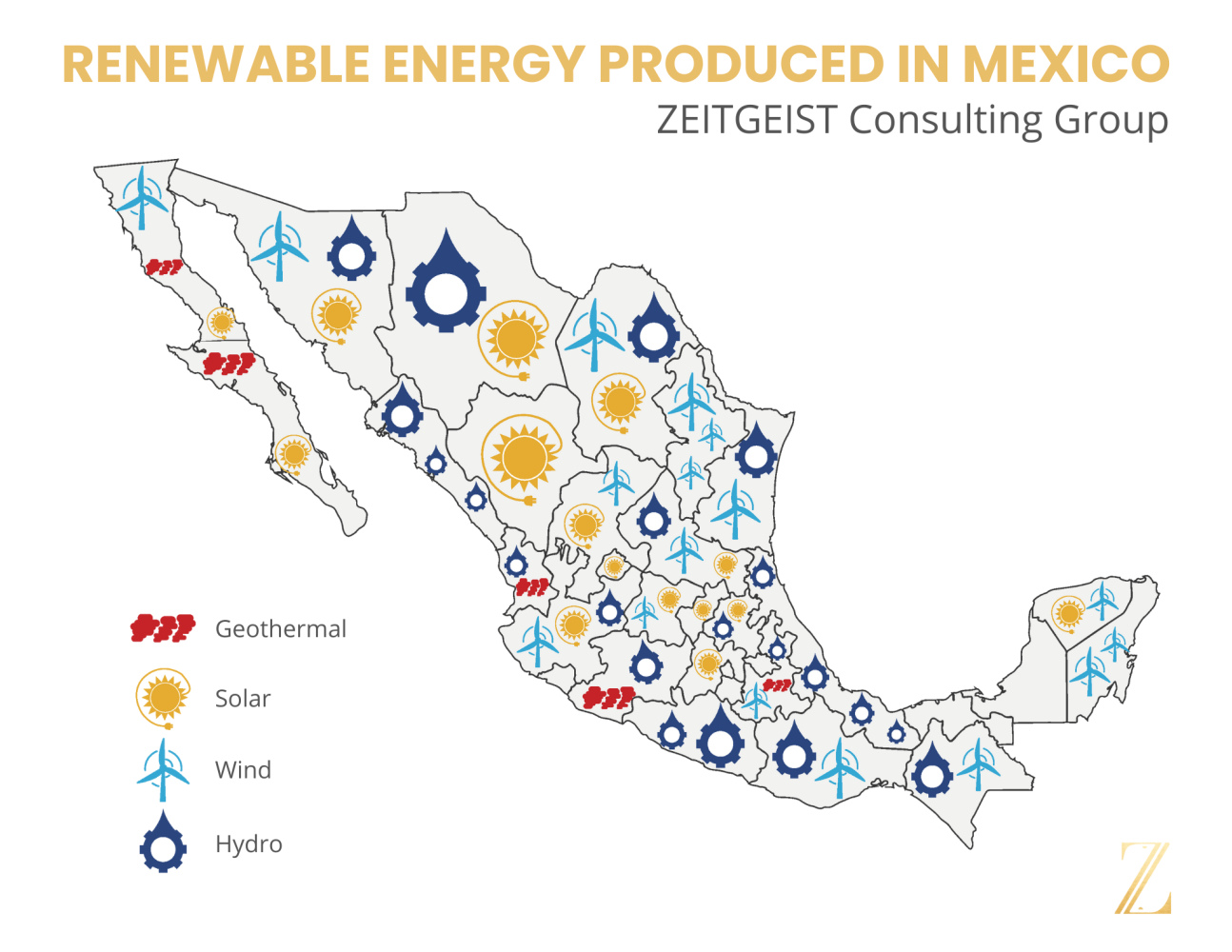 Map showing renewable energy production in Mexico by state, including geothermal, solar, wind, and hydro energy