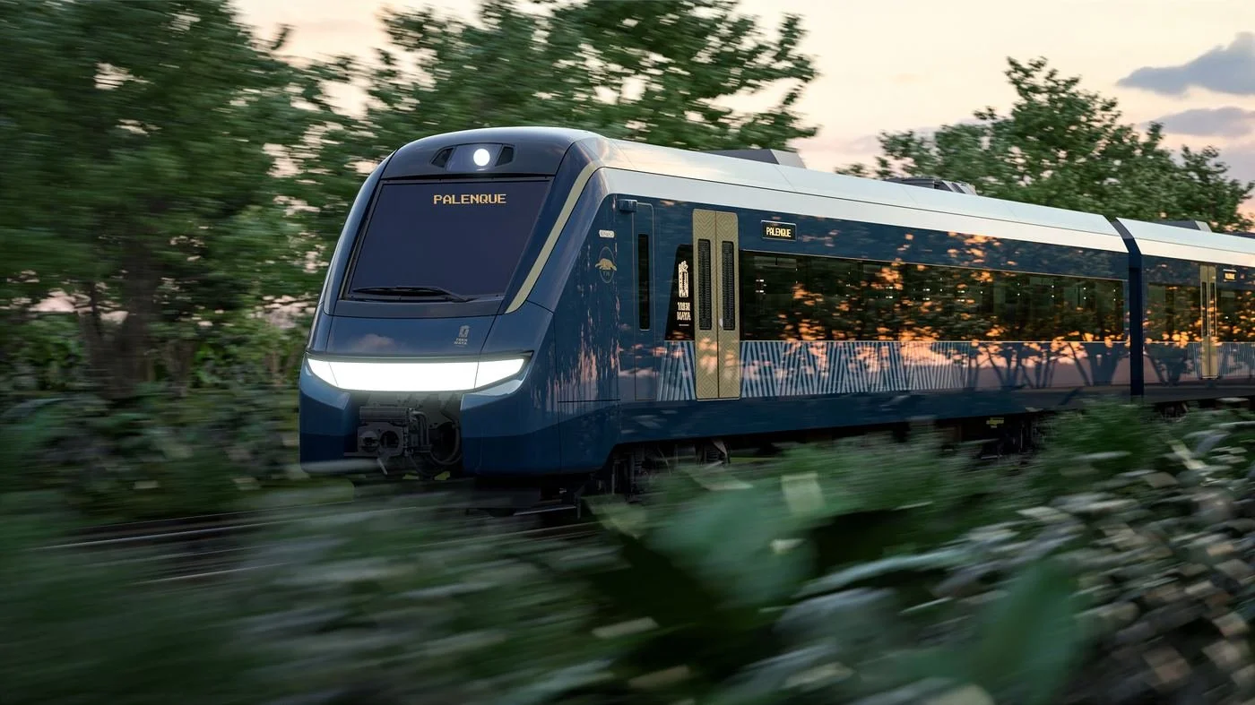 Modern Mexican passenger train at dusk, illustrating the country's new generation of rolling stock