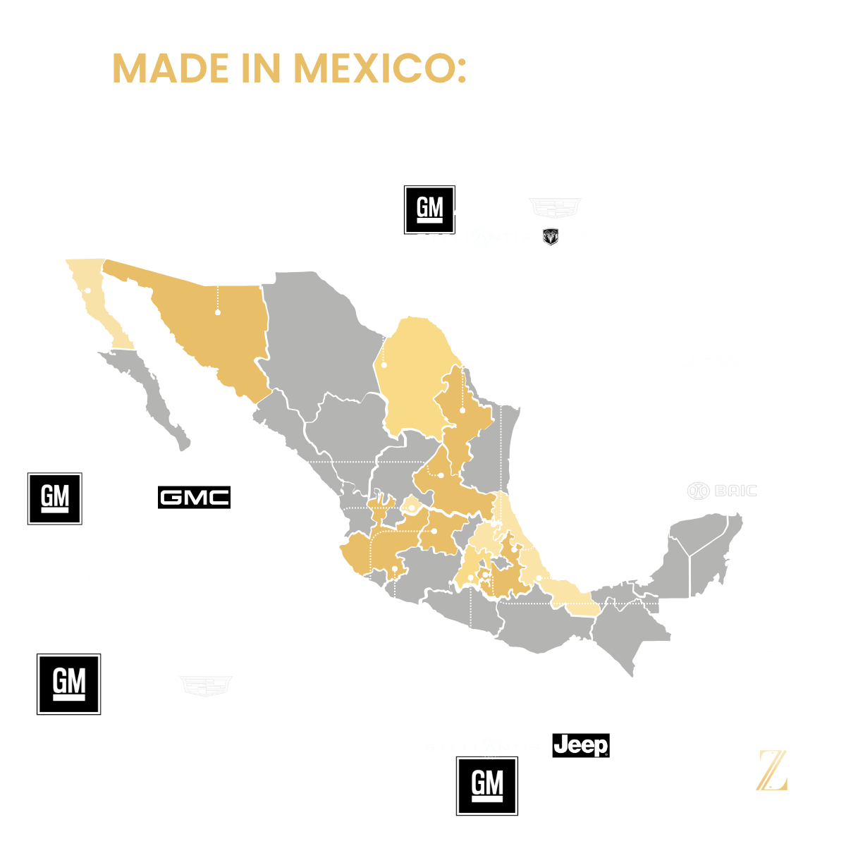 Map showing global automotive brands and assembly lines in Mexico