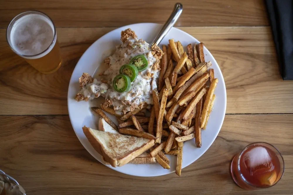 Delicious chicken friend steak with white gravy and jalapeños is a staple at Blue Mountain Bar and Grill in Fort Davis, Texas.