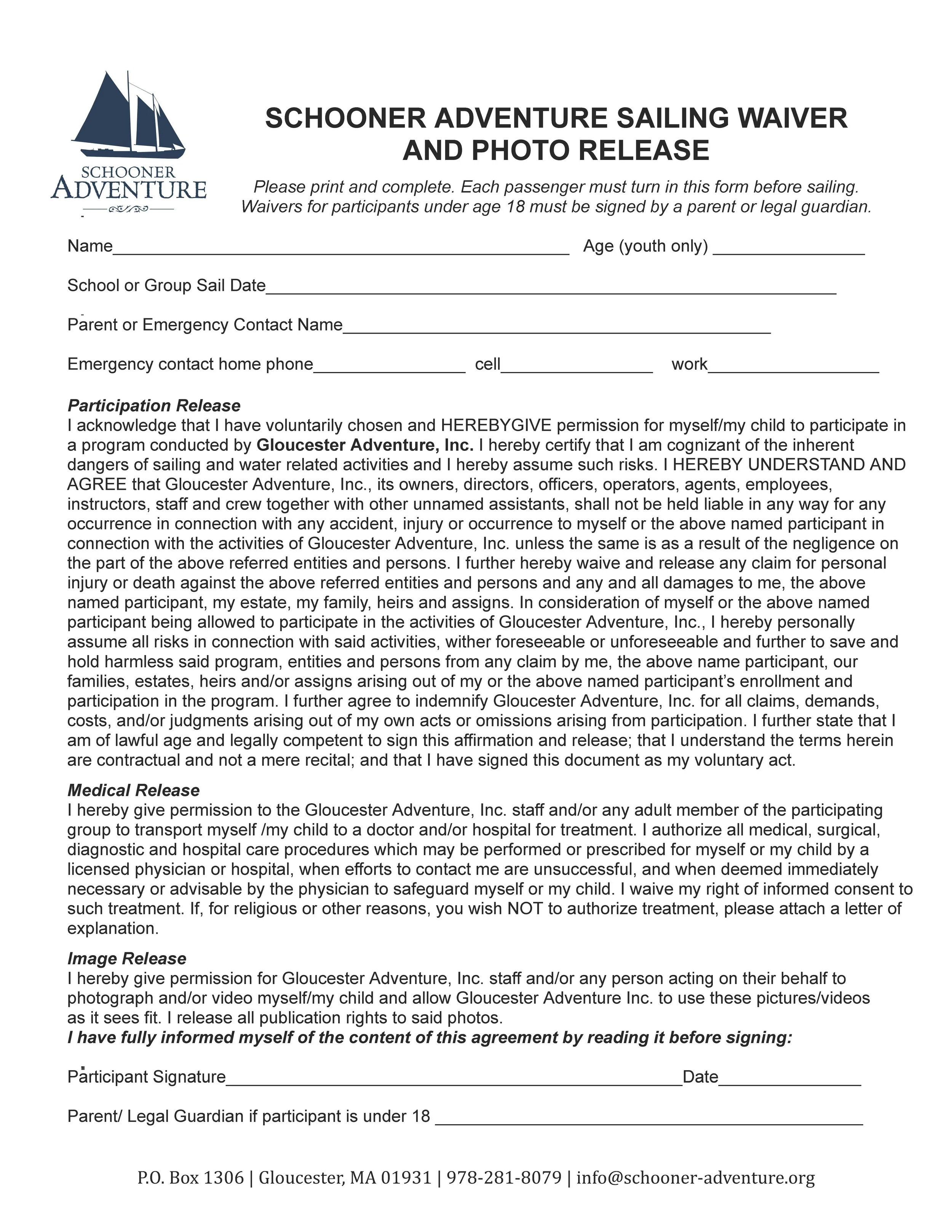 Sailing Waiver | Schooner Adventure Safety — Schooner Adventure ...