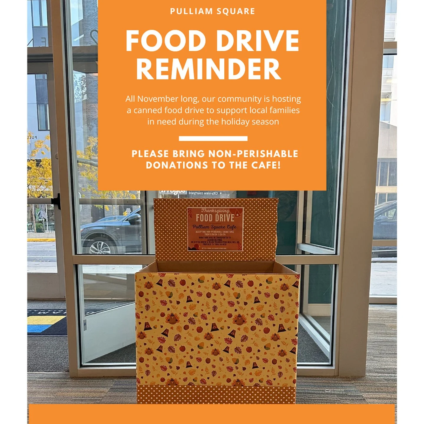 All November long, Pulliam Square is hosting a Canned Food Drive to help support local families in need this holiday season! 🧡✨Bring your non-perishable donations to the Caf&eacute; and help us make a difference together! 

🥫🤝#PulliamSquare #Commu