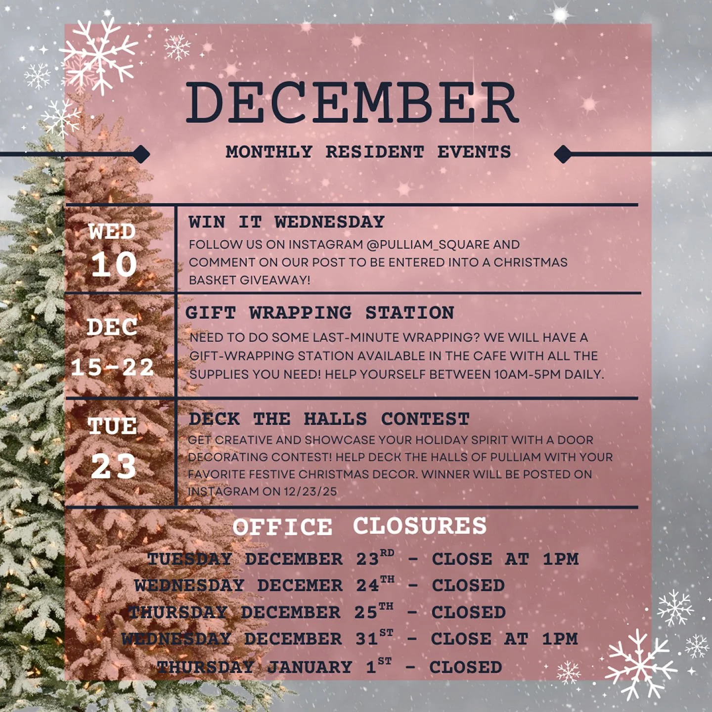 ✨ December is here, Pulliam Square! ✨We&rsquo;ve packed the month with festive resident events &mdash; giveaways, gift wrapping, and our Deck the Halls contest! 🎄❄️Check out what&rsquo;s happening this month and be sure to leave a like if you&rsquo;