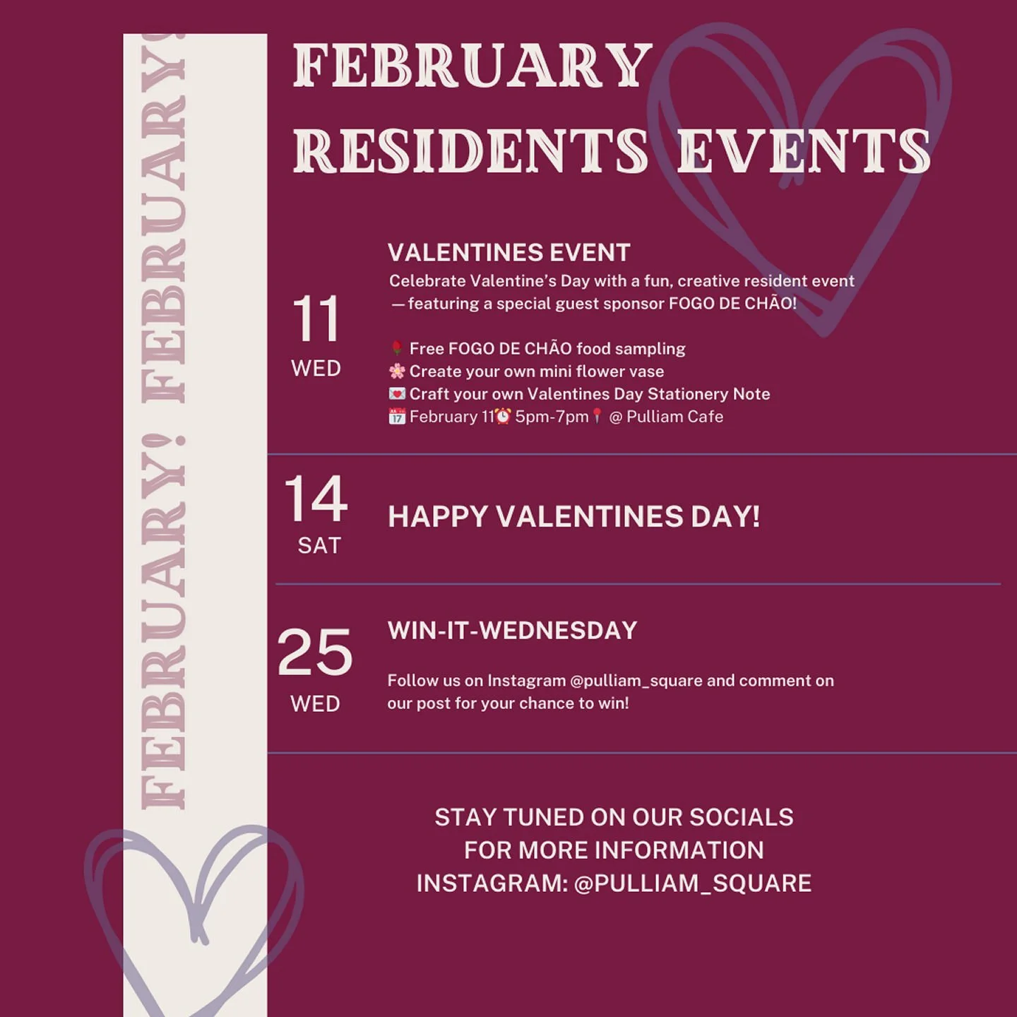 💘 Love is in the air at Pulliam Square 💘
Our February Event Calendar is here&mdash;and the main event is one you won&rsquo;t want to miss!
❤️ Valentine&rsquo;s Day Celebration | 2/11
🔥 Sponsored by our friends at Fogo de Ch&atilde;o
Join us in cel