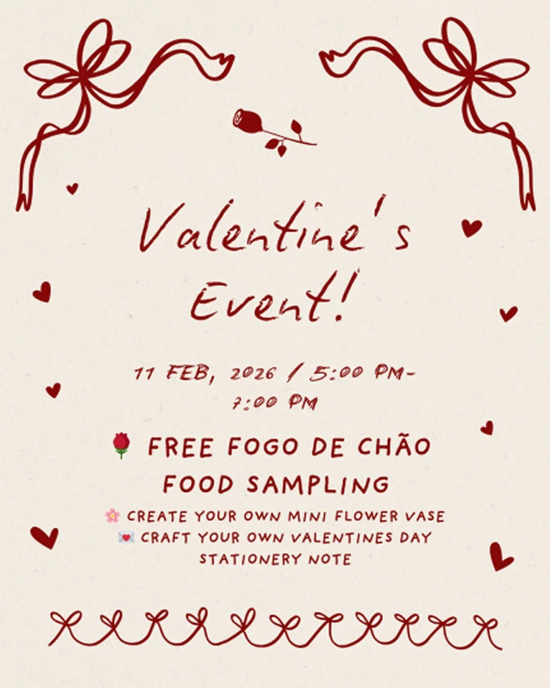 Free FOGO DE CH&Atilde;O food sampling 🥩
✨🌸 Create your own mini flower vase
❤️Craft your own Valentine&rsquo;s Day stationery
Join us at Pulliam Square, located in the Caf&eacute; area!

#PulliamSquare #ValentinesDayEvent #CommunityEvent #FreeFood