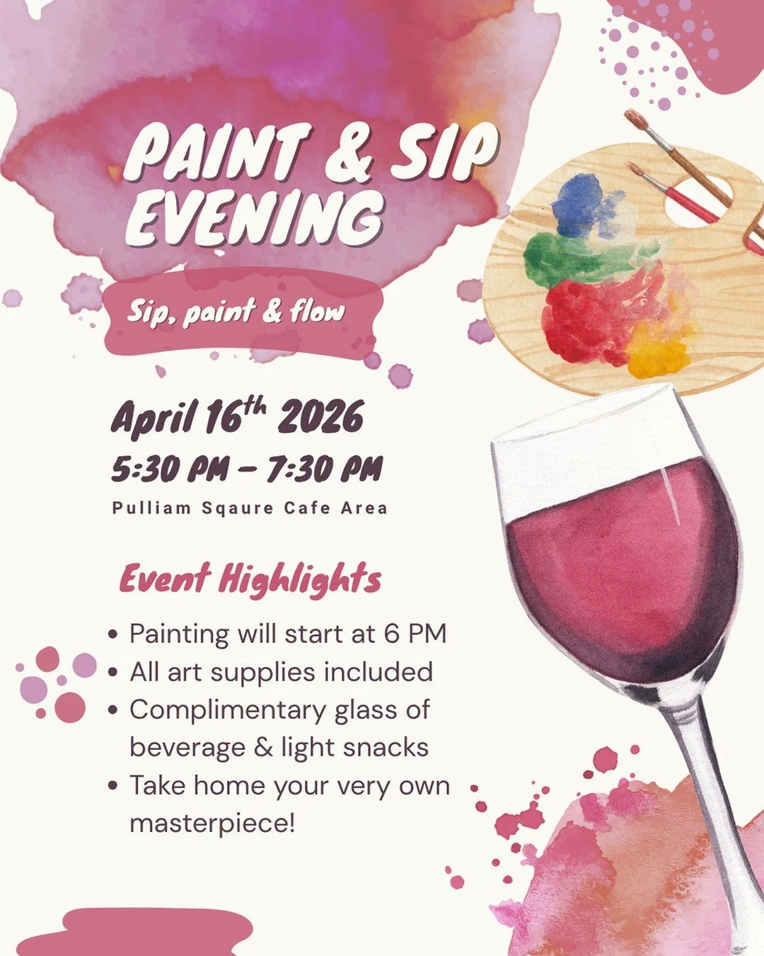 🎨🍷✨ GOOD VIBES + GREAT ART = the perfect night!
Get ready to laugh, sip, and let your creativity shine at our Paint &amp; Sip Evening 💕 Whether you&rsquo;re a total beginner or a hidden Picasso, this is your time to relax, have fun, and make somet