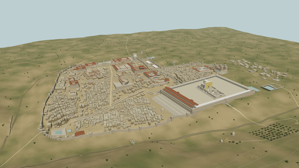 Aerial view of Jerusalem AD 33, including the Temple and city walls