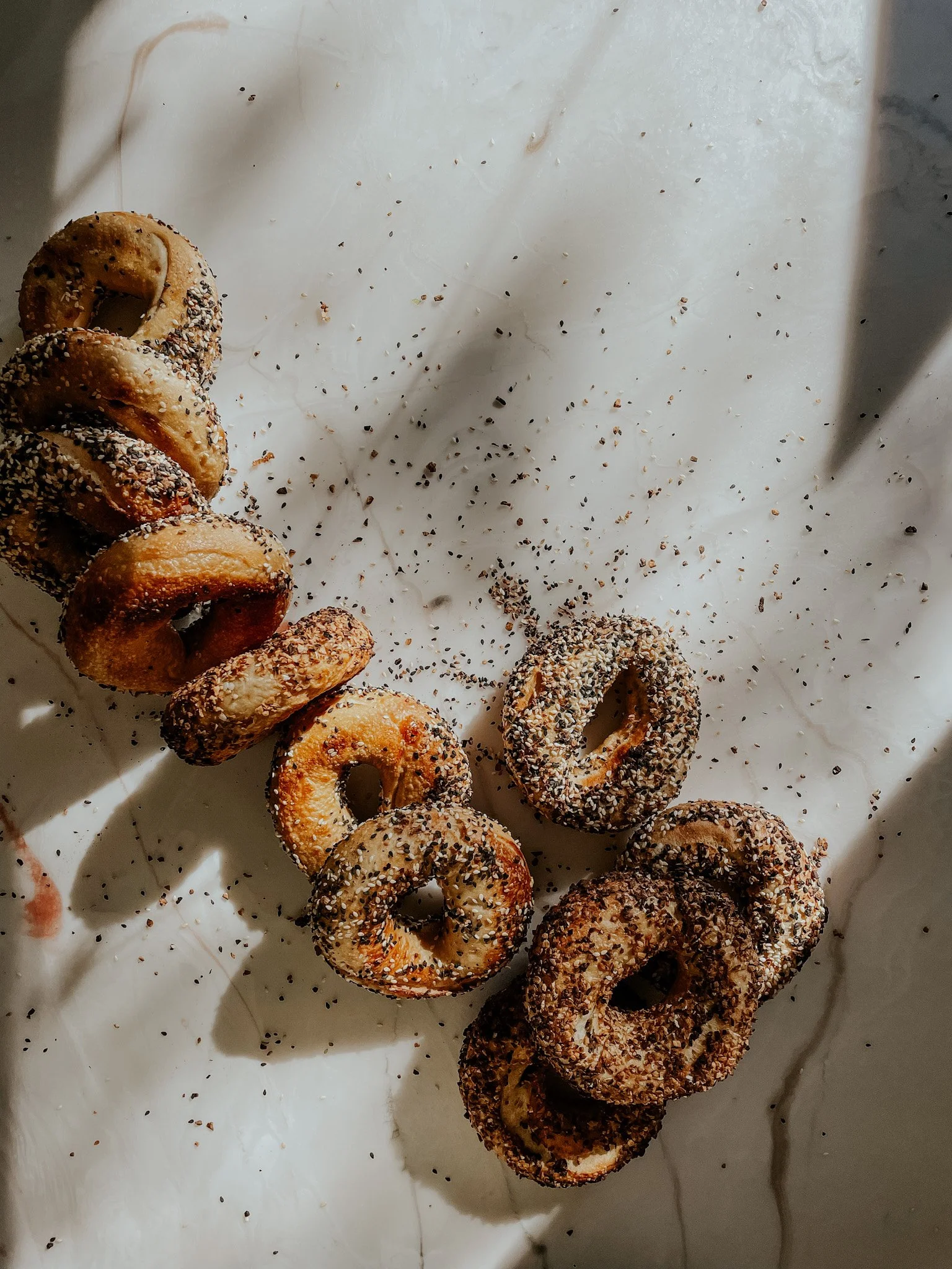 Assorted bagels with seeds on a marble surface