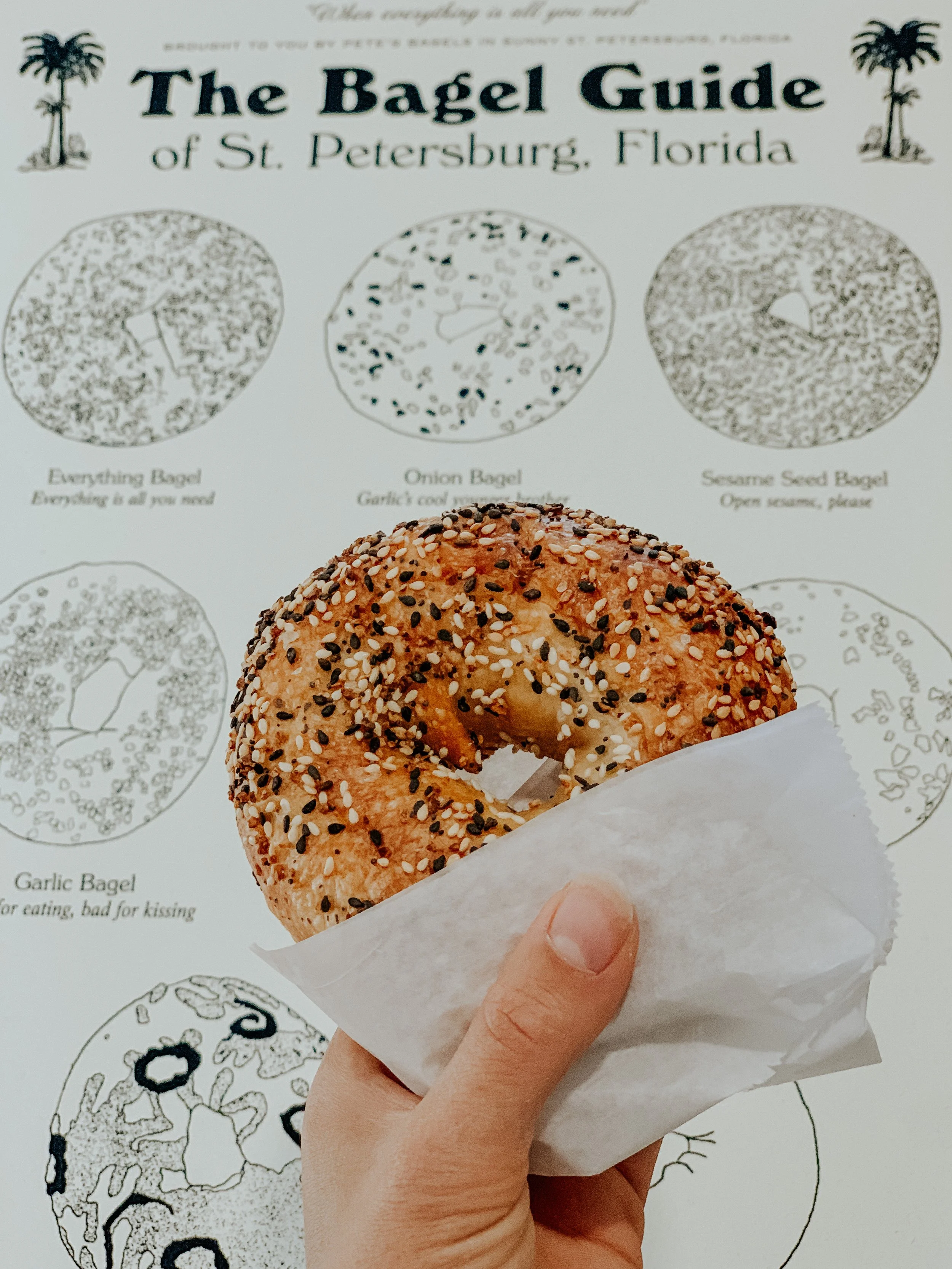 Hand holding an everything bagel in front of a poster titled 'The Bagel Guide of St. Petersburg, Florida' with illustrations of various bagel types.