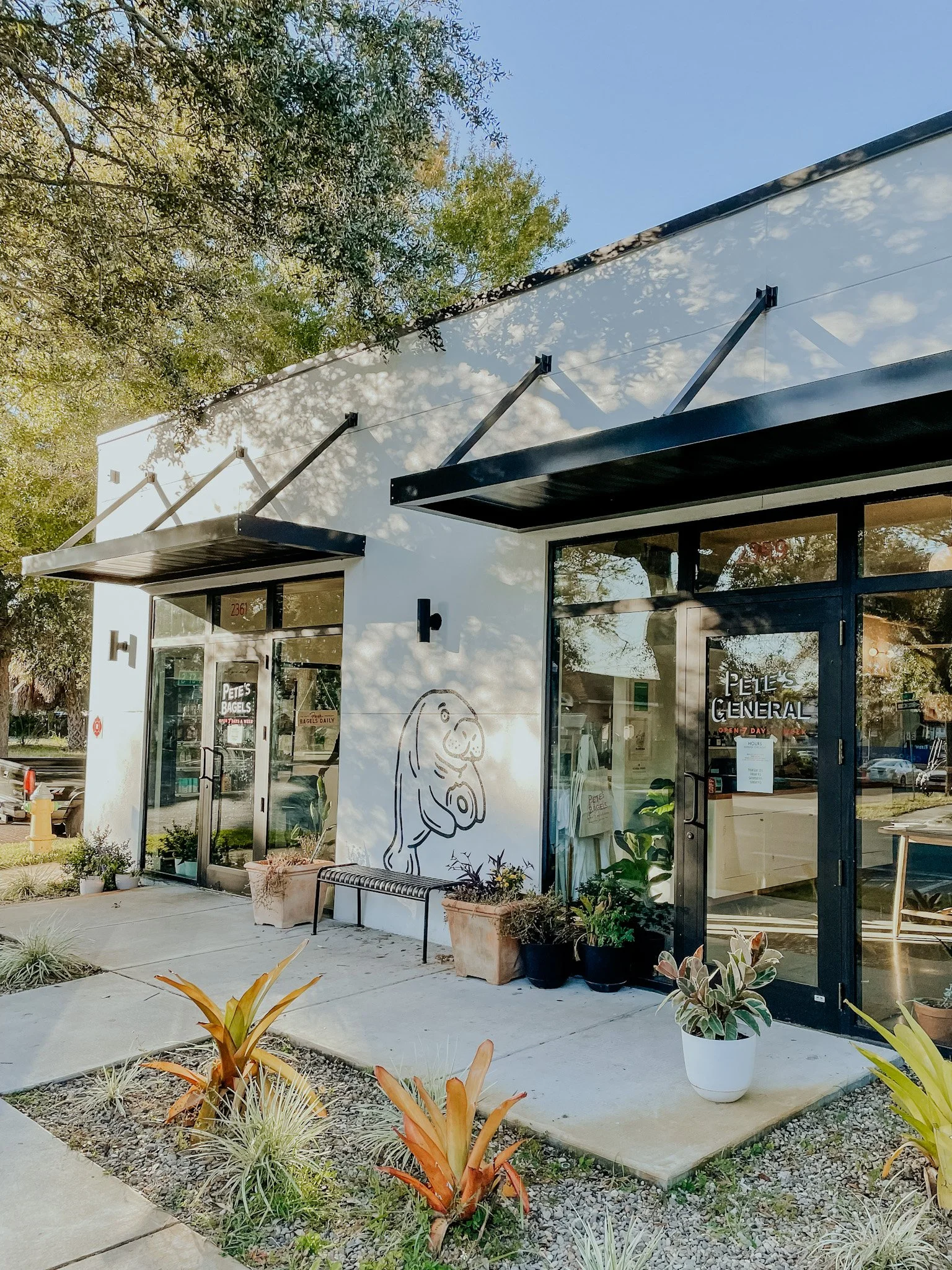 Modern storefront with Pete's General sign, featuring a mural of a manatee, surrounded by plants and outdoor seating.
