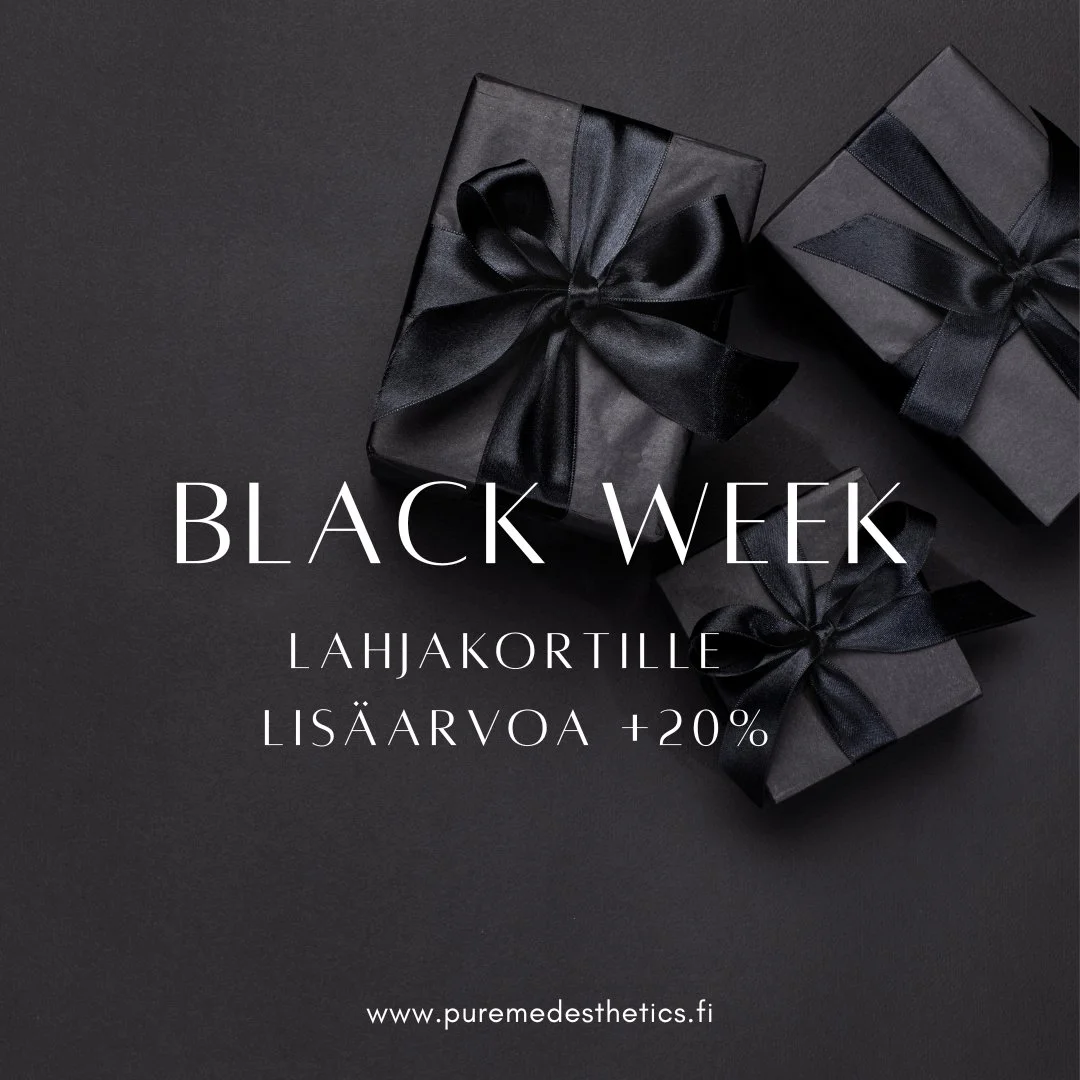 Perjantaina vietet&auml;&auml;n Black Fridayta 🖤✨

Perjantain huippuetu:

🖤 P&auml;iv&auml;n aikana ostettuihin lahjakortteihin saat +20% lis&auml;&auml; arvoa.
Lahjakortin voi k&auml;ytt&auml;&auml; mihin tahansa hoitoihin tai tuotteisiin puolenvu