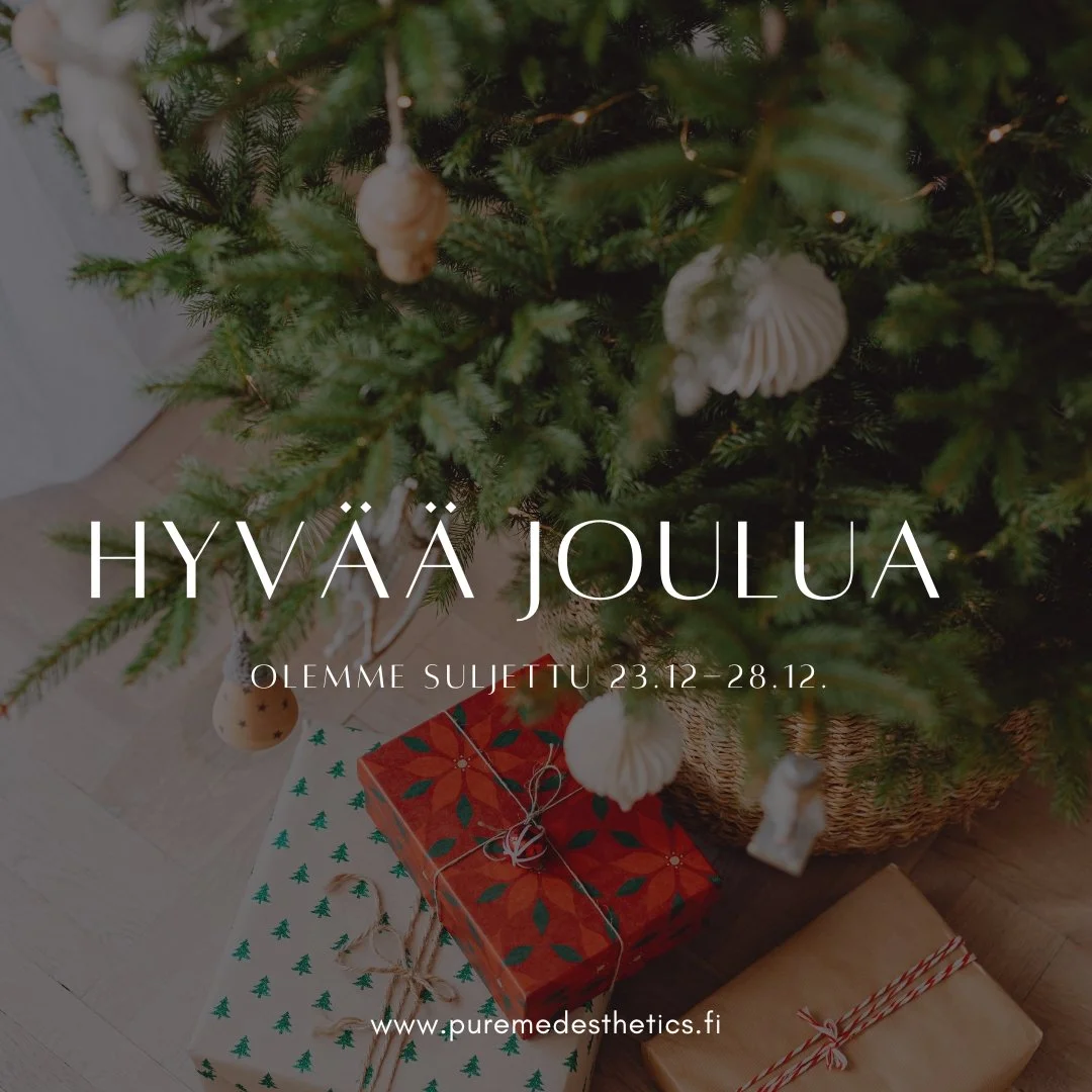 Rauhoitumme joulun viettoon tiistaina 23.12 ja palaamme t&ouml;ihin Ma 29.12 muutamaksi p&auml;iv&auml;ksi ennen vuoden vaihtumista🩷

Ajanvaraus toimii verkossa normaalisti 24/7. 
Muutama vapaa aika j&auml;ljell&auml; ennen vuoden vaihtumista, jos k