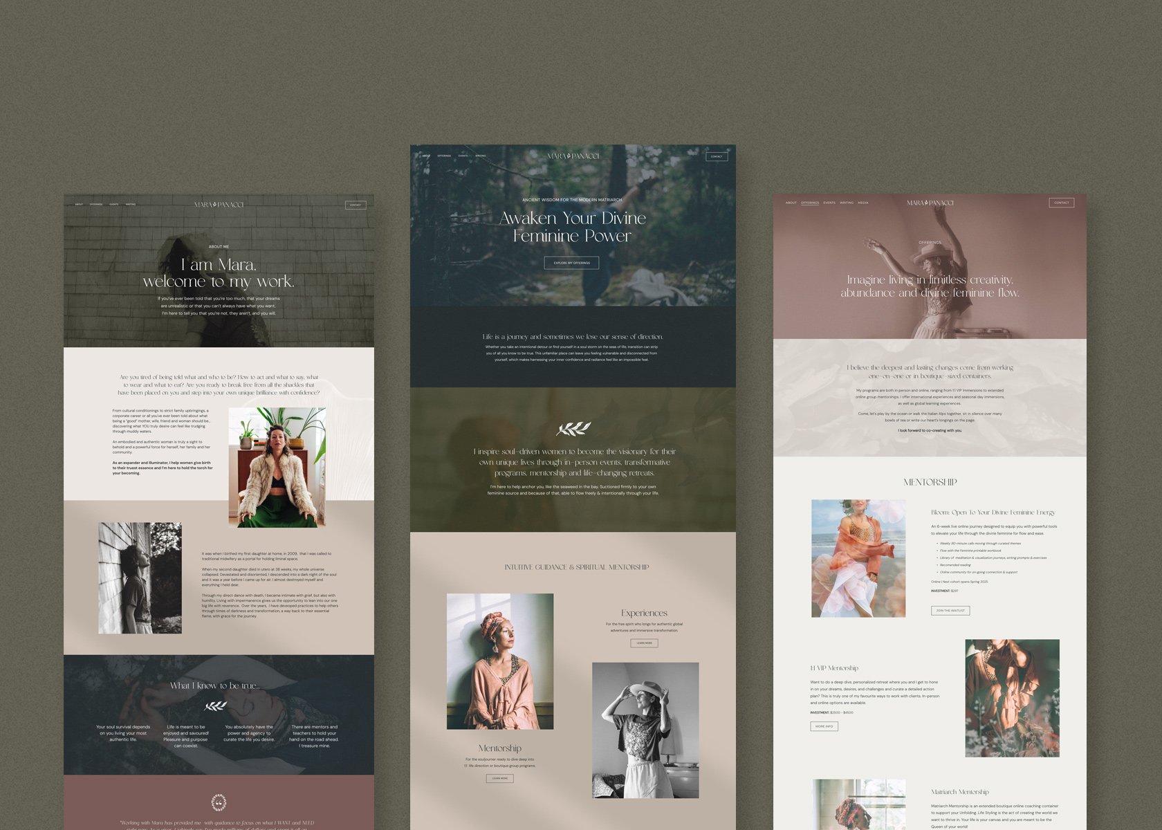Three vertical web page screens for a woman-centered coaching or mentoring website, each featuring images of women, inspiring text, and options to explore services and mentorship programs.