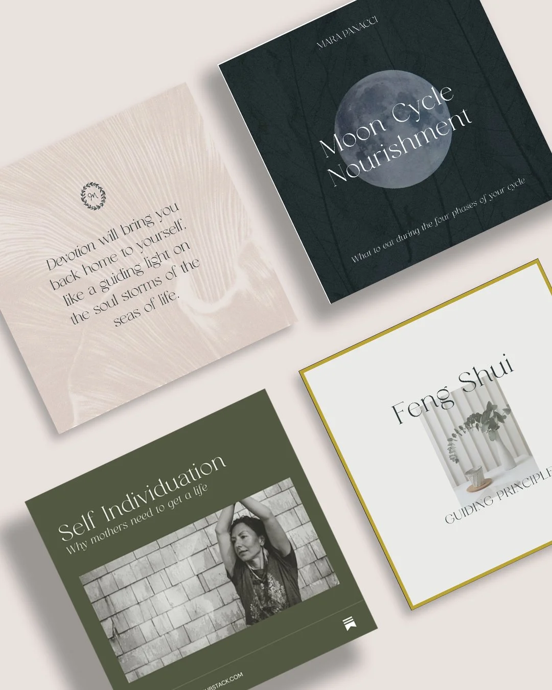 Collection of four square book covers with titles related to spiritual and self-improvement topics, including moon cycle nourishment, self-indulgence, feng shui, and devotion.