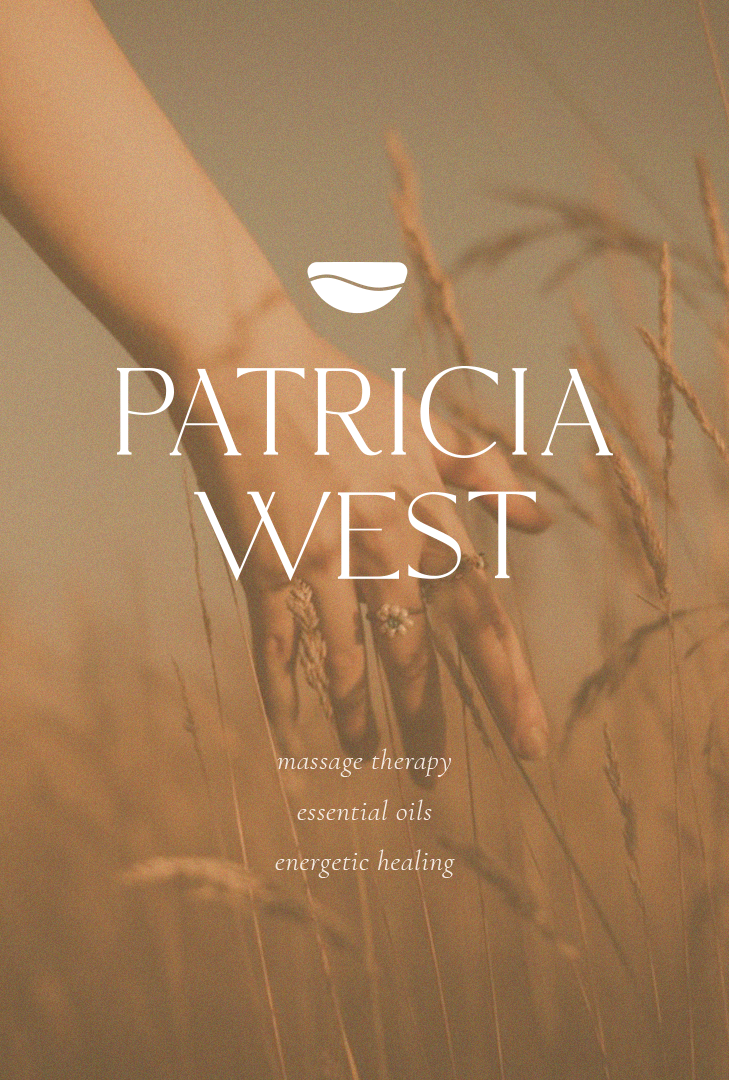 Business card or promotional flyer for Patricia West, offering massage therapy, essential oils, and energetic healing, with a soft, earthy background and a logo of a smiling mouth.